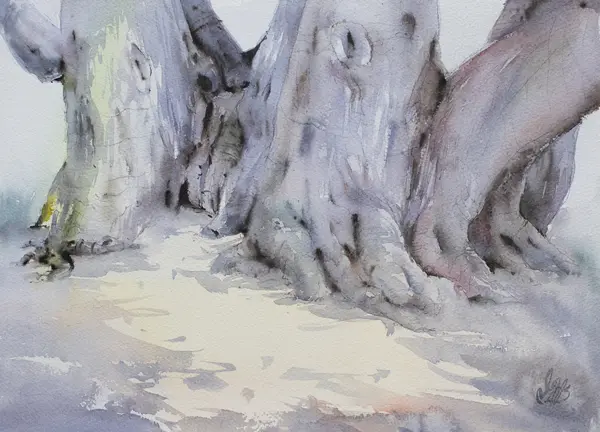 In the Shadow of a Giant — Plein air painting of a tree trunk, Seattle